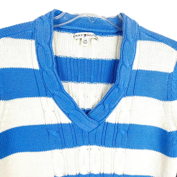 Tommy Hilfiger Wm L Blue & White V Neck Sweater - Picture 2 of 5